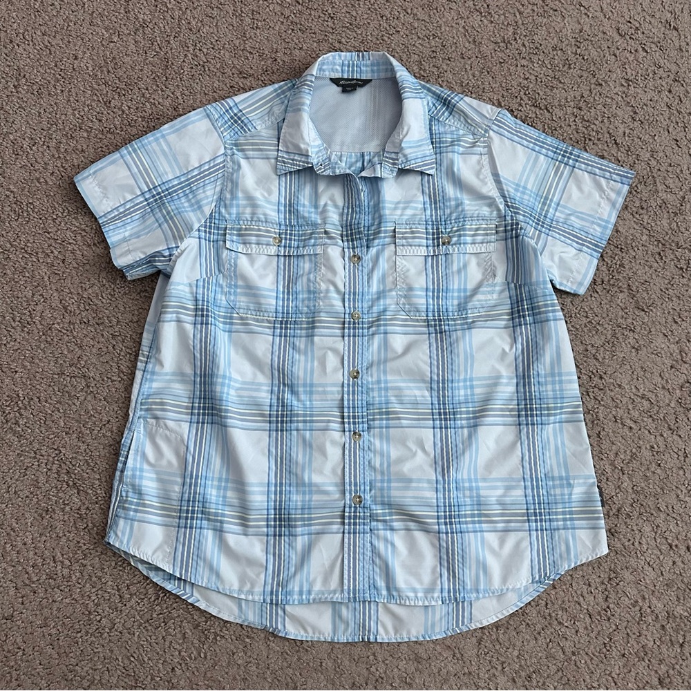 Eddie Bauer Womens L Short Sleeve Adventure Shirt Blue Plaid